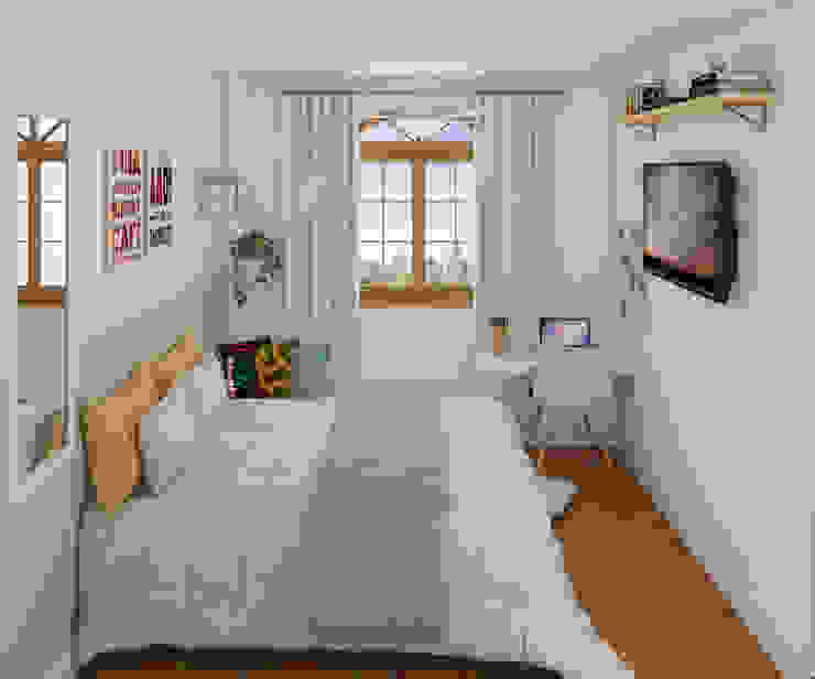 Visão geral do quarto Lis Figueiredo Arquitetura e Interiores Quartos pequenos de madeira e plástico Branco DIY, Jovem, Lambe-lambe, Moderno
