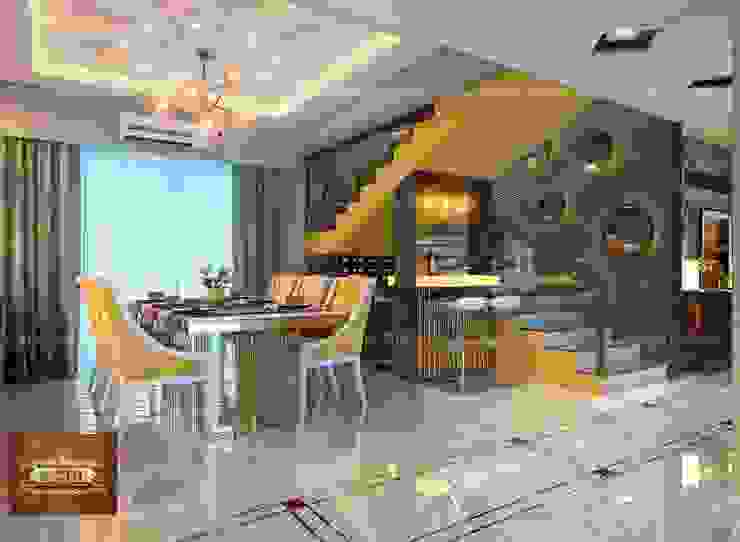Luxury Living cum Dining Room Project - Mr. Rajkumar Singh's Luxurious Living cum Dinning Interior | Ranchi | Custom Design Interiors, CUSTOM DESIGN INTERIORS PVT. LTD. CUSTOM DESIGN INTERIORS PVT. LTD. Sala da pranzo moderna Piastrelle Giallo