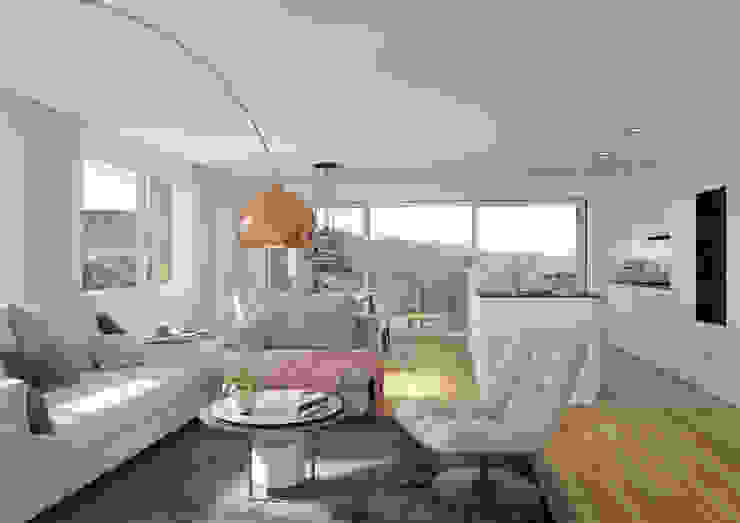 Neubau Siedlung in Rotkreuz, 3D Visualisierungen - Zürich 3D Visualisierungen - Zürich Moderne Wohnzimmer Visualisierung, 3D, Haus, Mehrfamilienhaus, Wohnzimmer, Innenraum, Küche, Neubau, 3D Visualisierung, Architektur, Immobilien, Visualisierungen