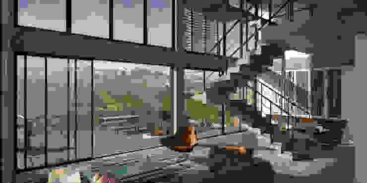 Vista hacia la terraza desde la sala. BOCA proyectos Balcones y terrazas de estilo moderno Casas, Vivienda Bifamiliar, Quintas, San Antonio de Los Altos, Club de Campo, Proyectos de Arquitectura, Acabados en Obra limpia.