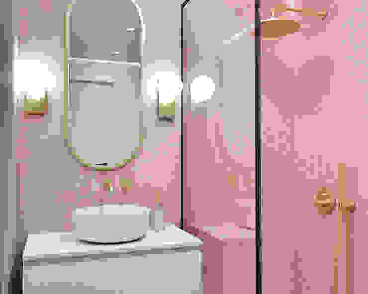 Projecto 3D - Ouro sobre rosa, Smile Bath S.A. Smile Bath S.A. Casas de banho minimalistas Rosa móvel suspenso, lavatório de pousar, brushed gold, azulejos, cerâmicos