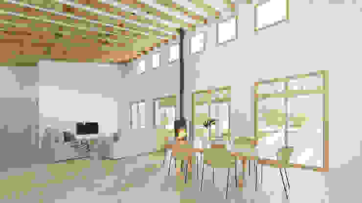 Vista interior salón-comedor CM ARQUITECTURA Salones rústicos de estilo rústico Cubierta inclinada, salón comedor, luz, moderno, rústico