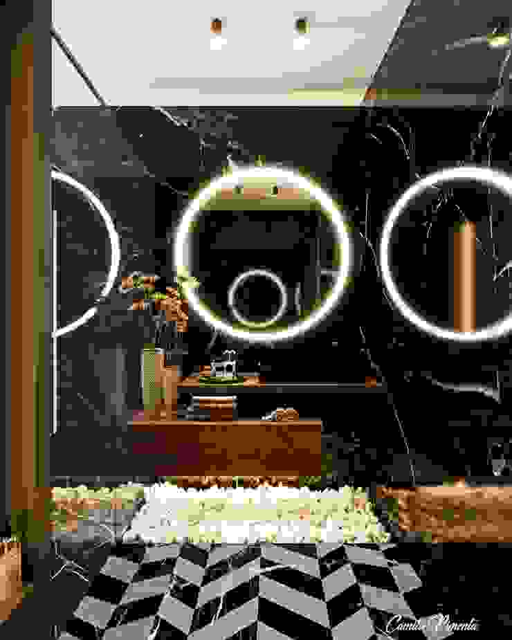 Banheiro Social Camila Pimenta | Arquitetura + Interiores Banheiros modernos M&aacute;rmore Preto escritorio,camilapimenta,arquitetasaopaulo,madeira,artefacto,ilumina&ccedil;&atilde;o,projeto,decora&ccedil;&atilde;ointeriores,,design,camilapimentaarquitetura,arquitetoemsaopaulo,luxo,moderno,clean
