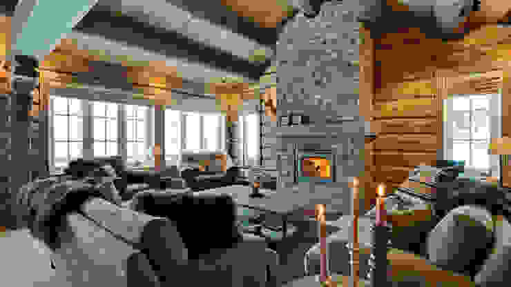 Norwegian log cabin with fireplace Norwegische Blockhäuser 客廳 木頭 Brown
