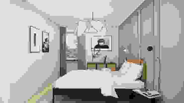 kleines Schlafzimmer ​Innenarchitektur Federleicht Skandinavische Schlafzimmer Innenarchitektur München,Innenarchitektur Federleicht,Neugestaltung,Wohnkonzept,Raumkonzept,3D,Visualisierung,Einrichtung,Planung,Schlafzimmer,Bett,Deckenlampe,Vorhang,Einbauschränke,Wandvertäfelung