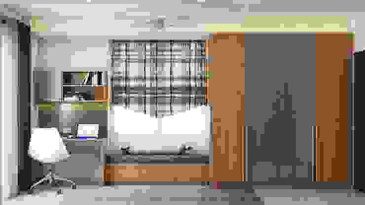 Master bedroom bay window with study and dual tone wardrobe homify Small bedroom study in bedroom, dual tone wardrobe designs, wardrobe designs