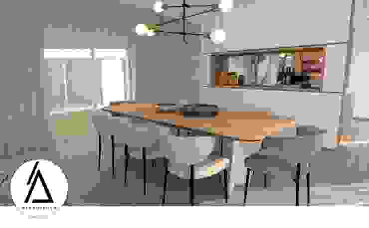 Projeto - Design de Interiores - Zona Social Moradia PI, Areabranca Areabranca Salas de jantar modernas sala de jantar, luzes, candeeiros, mesas de jantar, mesas, cadeiras, cortinados, decoração de interiores, decoração, interiores, detalhes