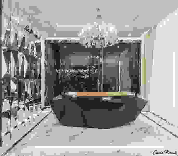 Banheiro Sra Camila Pimenta | Arquitetura + Interiores Banheiros cl&aacute;ssicos M&aacute;rmore Preto escritorio,camilapimenta,arquitetasaopaulo,projeto,decora&ccedil;&atilde;ointeriores,design,camilapimentaarquitetura,arquitetoemsaopaulo,luxo,moderno,classico,clean,banheiro,banheira,espelhos
