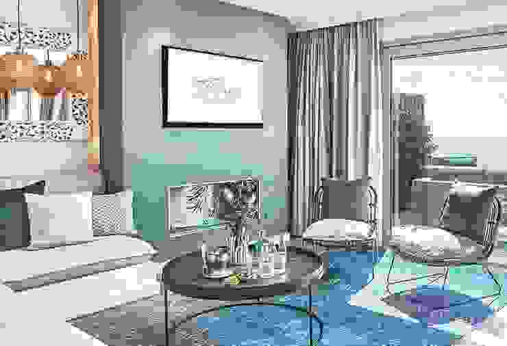7Pines Resort — Ibiza, ES, Kitzig Design Studios GmbH Kitzig Design Studios GmbH Mediterrane Wohnzimmer Möbel,Tabelle,Eigentum,Couch,Bilderrahmen,Blau,Gebäude,Azurblau,Dekoration,Wohnzimmer