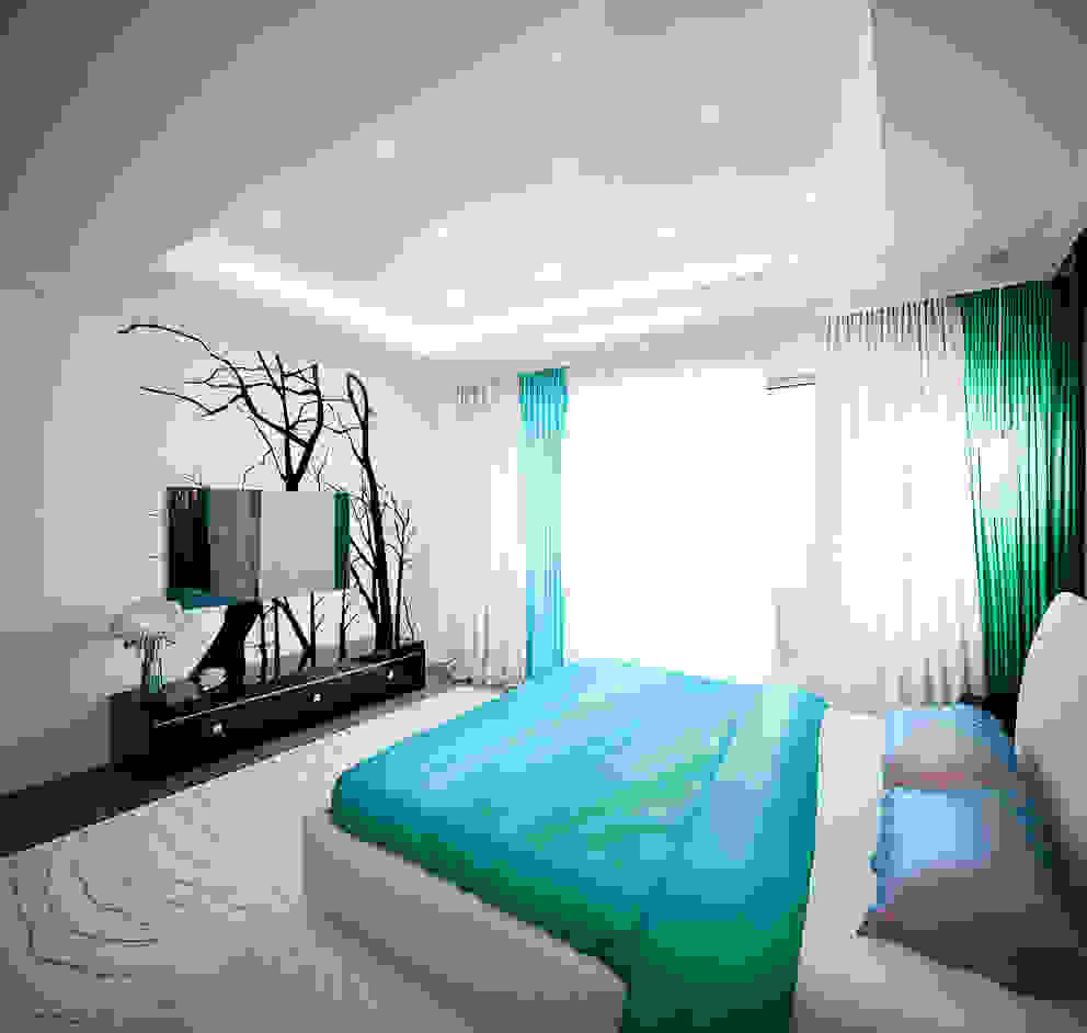 Tree rooms apartment “Zatishie” in Elektrostal, Moscow Region, Russia., Insight Vision GmbH Insight Vision GmbH Moderne Schlafzimmer Türkis Gebäude,Eigentum,Möbel,Dekoration,Kompfort,Grün,Azurblau,Innenarchitektur,Textil,Beleuchtung