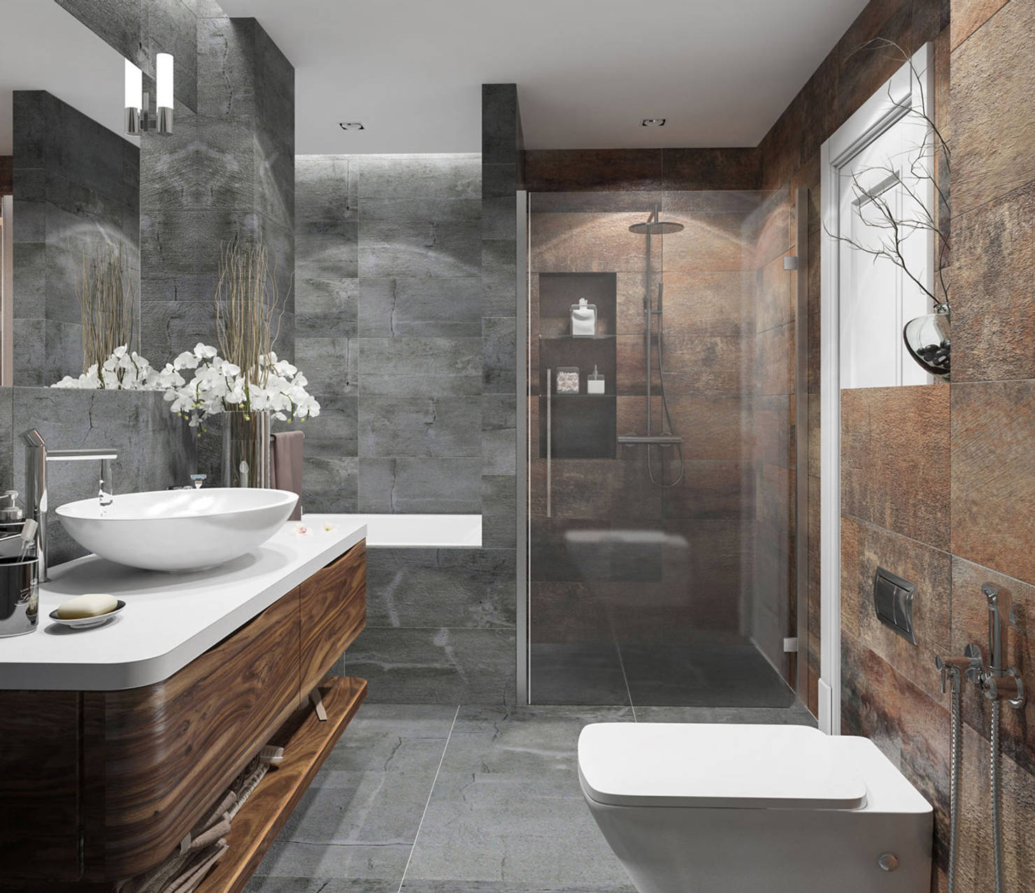 Современная ванная комната бетон и дерево