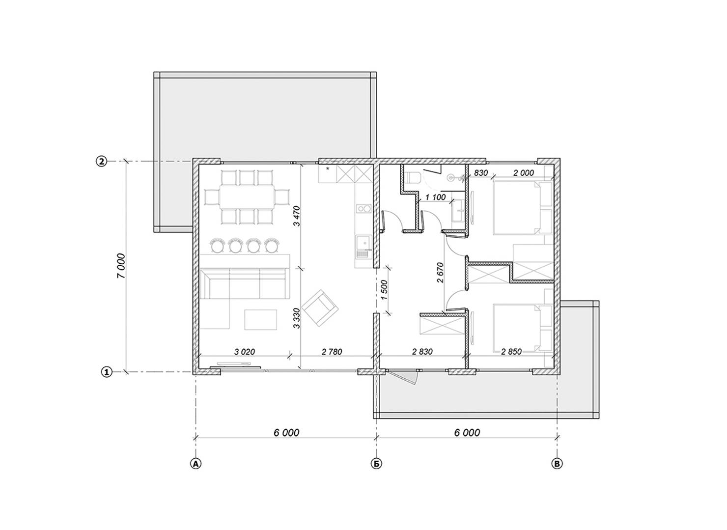 Планировка дома одноэтажного с двумя спальнями 80 кв