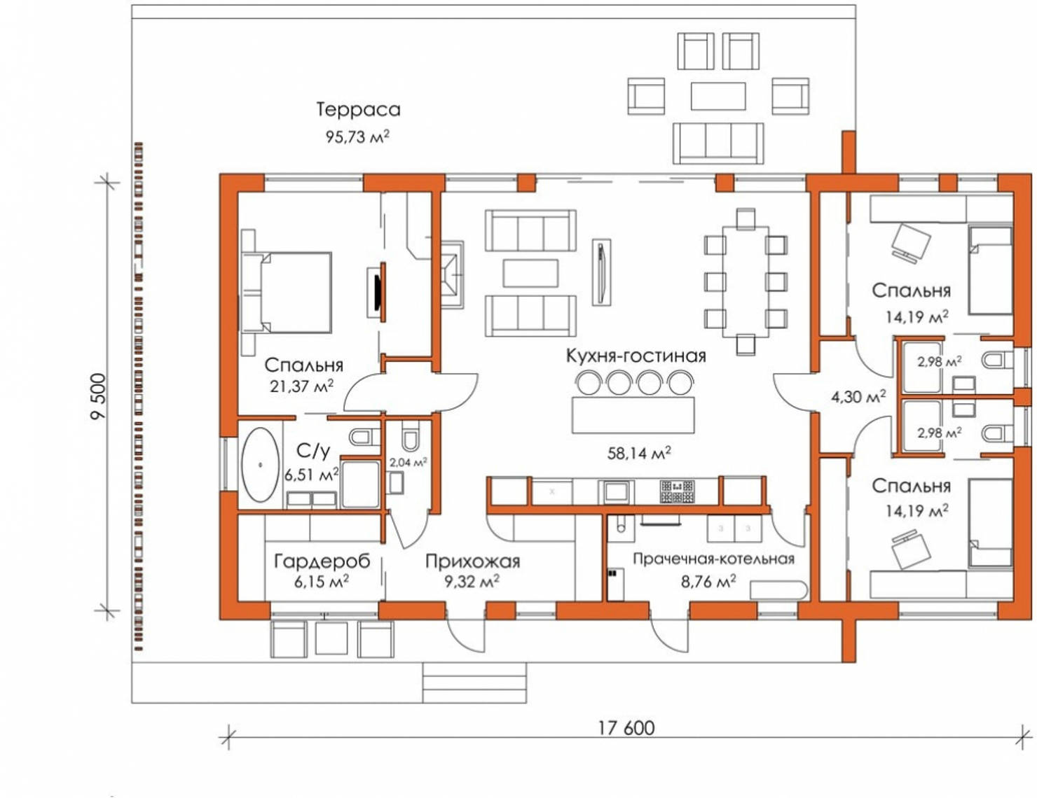 План одноэтажного дома с 3 спальнями и террасой до 150 кв.м