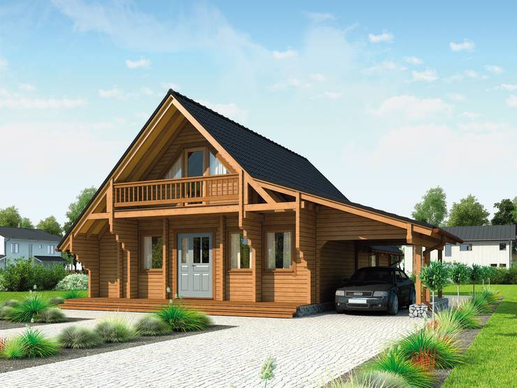 Ferienhaus "Norwegen" mit Carport und Balkon: Häuser von THULE Blockhaus GmbH - Ihr Fertigbausatz für ein Holzhaus Ferienhaus "Norwegen" mit Carport und Balkon: Häuser von THULE Blockhaus GmbH - Ihr Fertigbausatz für ein Holzhaus