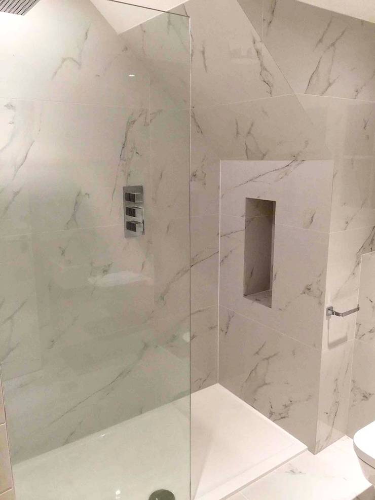 En-suite Bathroom with Carrara Marble Effect Porcelain Tiles by Porcel ...