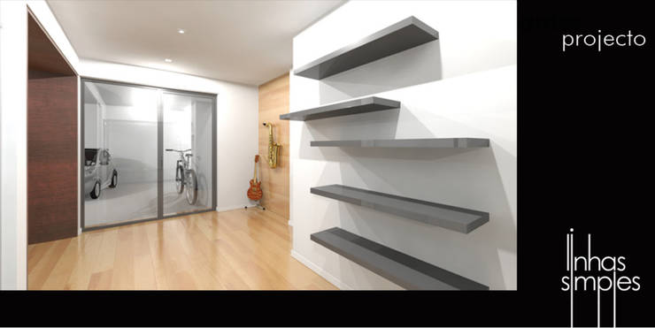 Um canto para ensaiar / A corner to rehearse, Linhas Simples Linhas Simples Garagens e arrecadações modernas Mobília,Propriedade,Madeira,Design de interiores,Retângulo,Cinza,Prateleiras,Pisos,Piso,parede