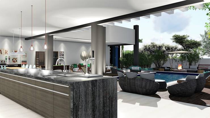 Area Gourmet: Cozinhas embutidas  por Trivisio Consultoria e Projetos em 3D