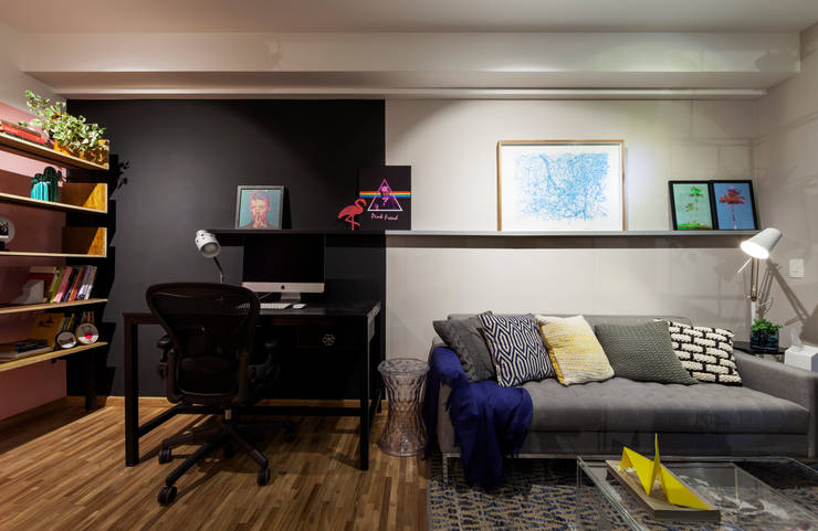 Sala de Estar Integrada com Área para Home-Office: Salas de estar  por Decoradoria