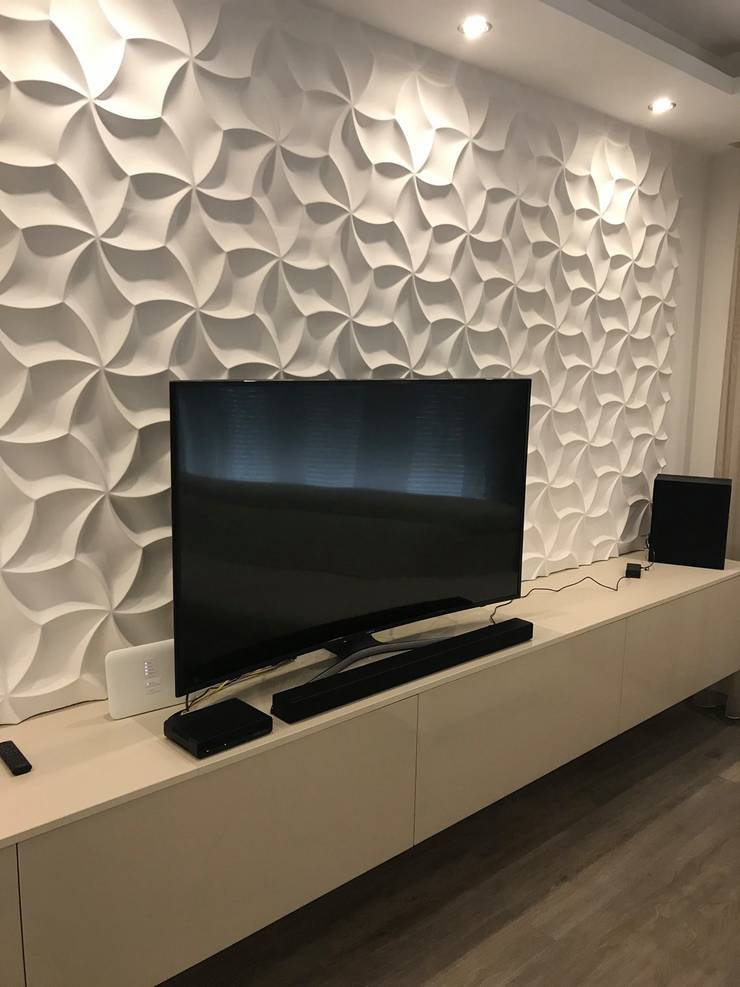 Moderne TV - und Kamin- Wandverkleidungen in 3D- und Betonoptik von