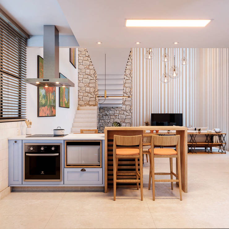 Projeto Interiores Loft Mariana Lourenço Interiores Cozinhas embutidas Mesa, Mobiliário, Armários, Bancada, Madeira, Pisos, Design de interiores, Cadeira, Piso, Mancha de madeira