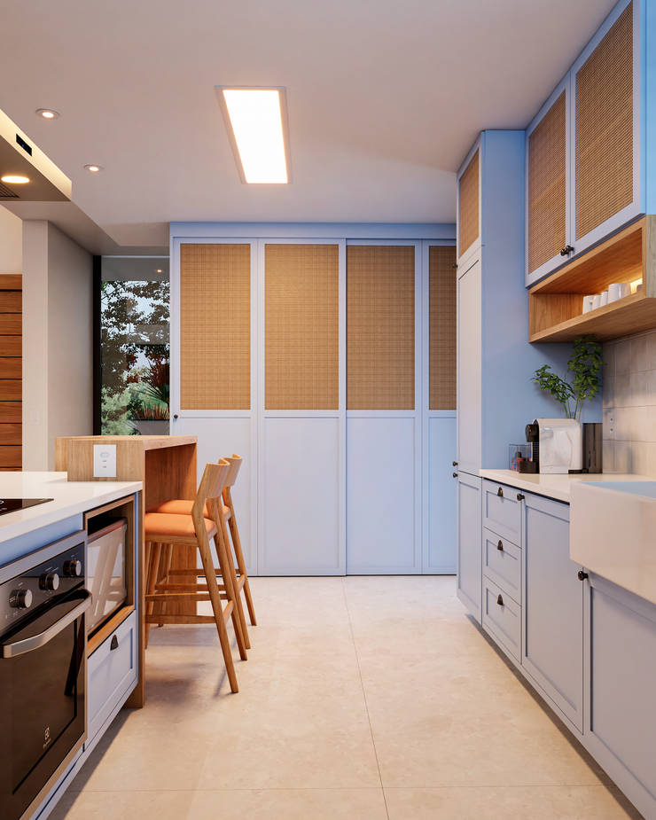 Projeto Interiores Loft Mariana Lourenço Interiores Cozinhas pequenas Armários, Mobiliário, Prédio, Luminária, Bancada, Madeira, Iluminação, Design de interiores, Janela, Cozinha