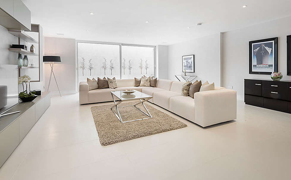 Modern basement lounge with porcelain tile floors: modern ...