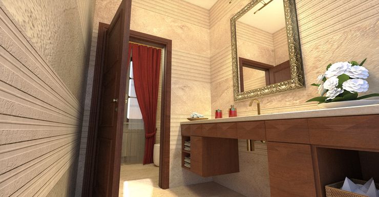 Vista dall'ingresso - View from the entrance door Planet G Bagno moderno Marmo Beige