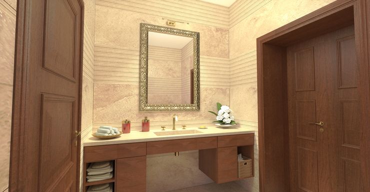 Vista della parete lavabo - View of the handbasin Planet G Bagno moderno Marmo Beige