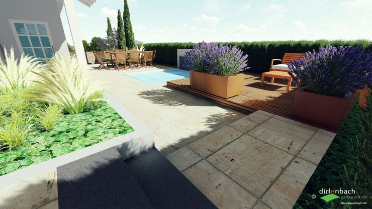 Detail-Visualisierung: Sitzplätze mit Wasserbecken und Holzdeck dirlenbach - garten mit stil