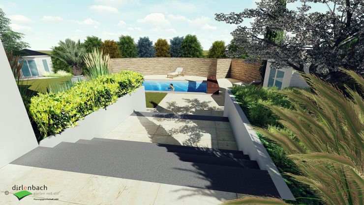 Poolgarten mit breiter Zugangstreppe dirlenbach - garten mit stil