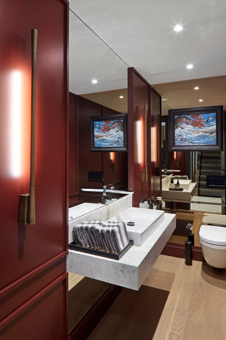 powder room Esra Kazmirci Mimarlik Modern bathroom Wood Red