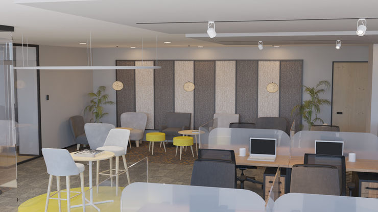 4 + Arquitectura Escritório e loja Têxtil Cinza
