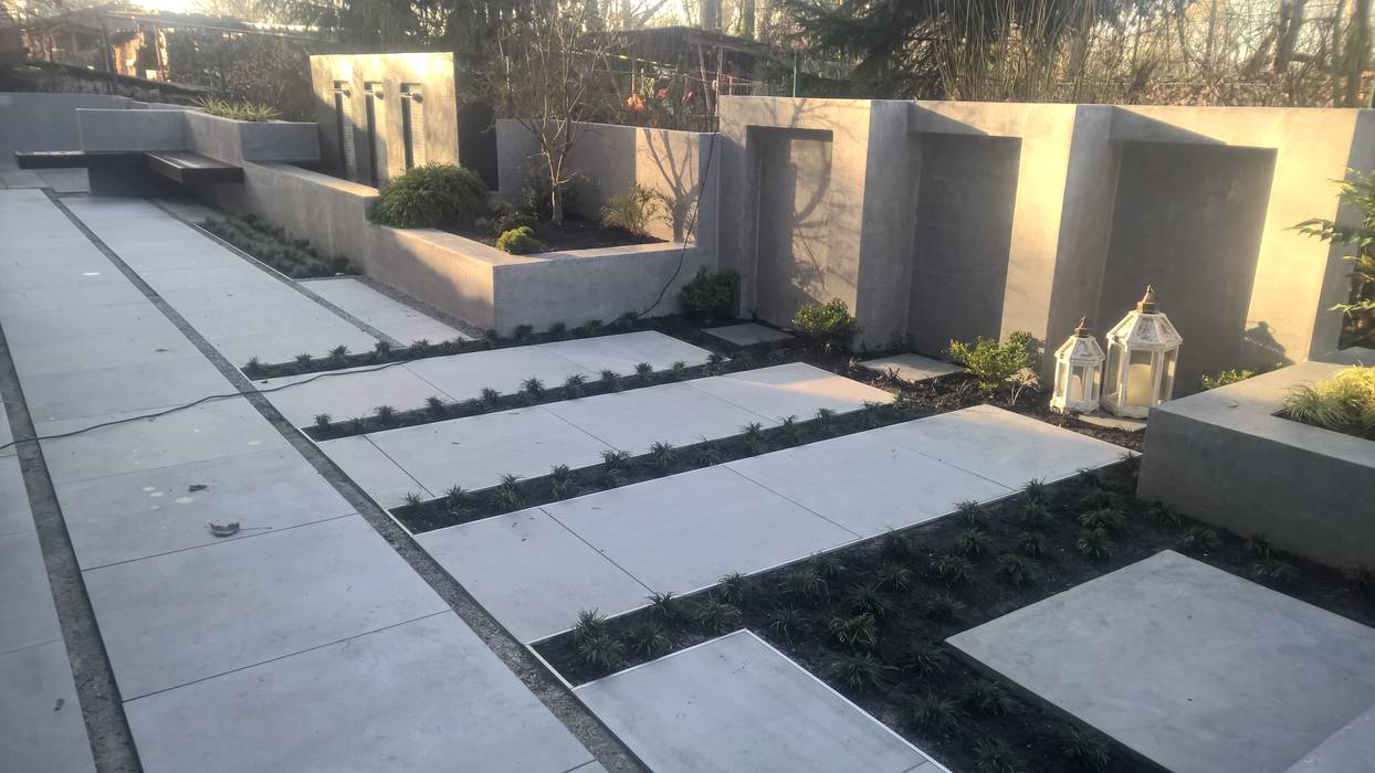 Moderne terrasse mit wasserfall sitzbank und treppenstufen moderner garten von neues gartendesign by wentzel