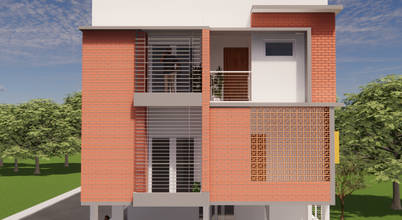 Elegant homes Vivid Storeys LLP #Exposed Brick House,#Architecture,#Minimalist Facade,#Home Construction