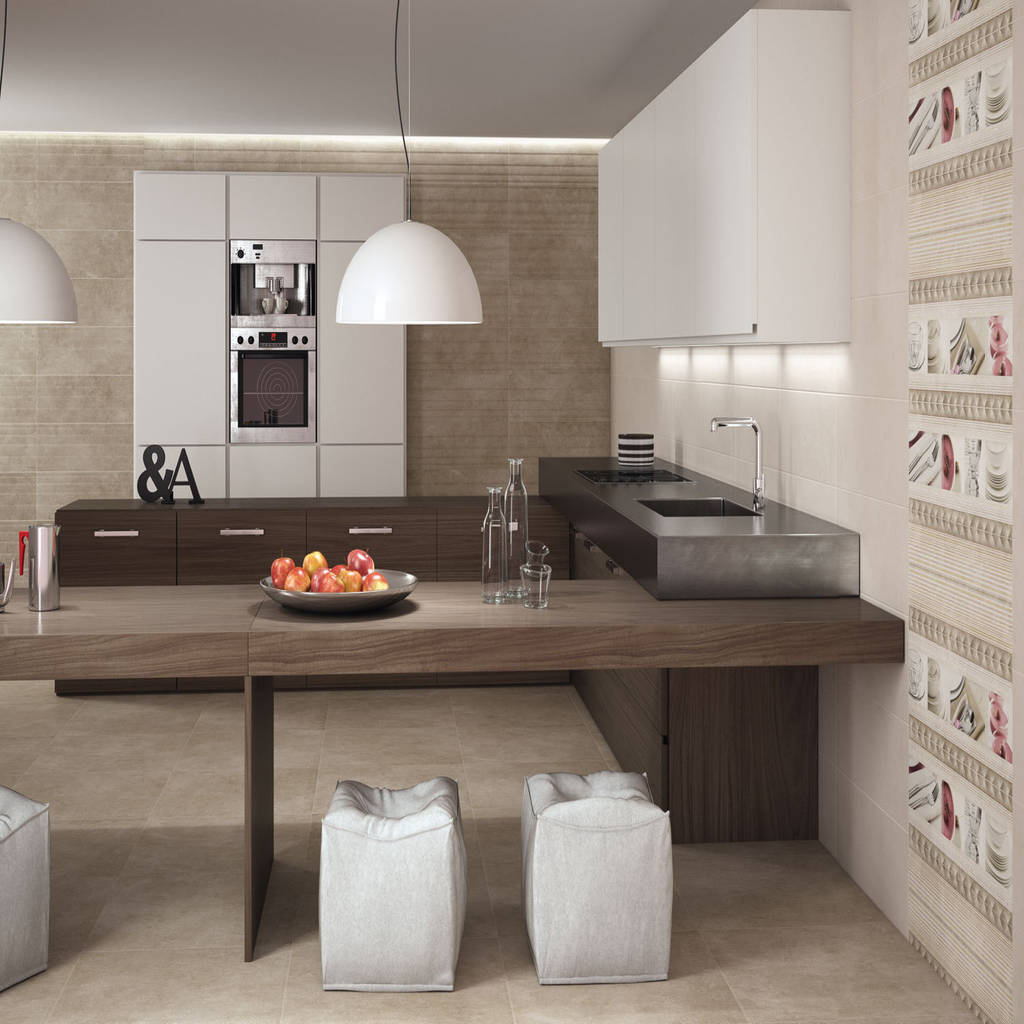 Cocina contemporánea con revestimiento de inspiración cemento de