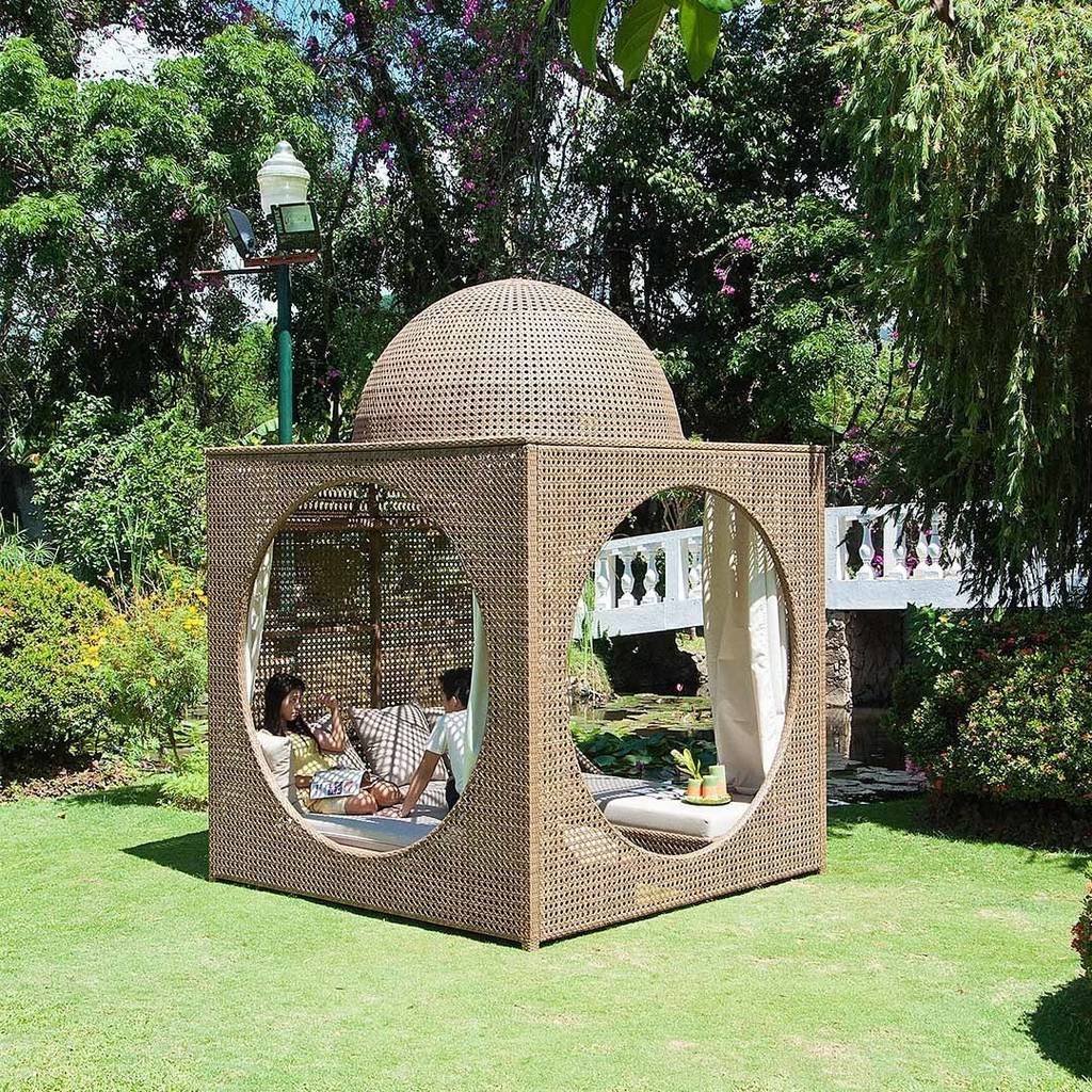Rattan garden cabana, weatherproof wicker shade room and sun loungers
