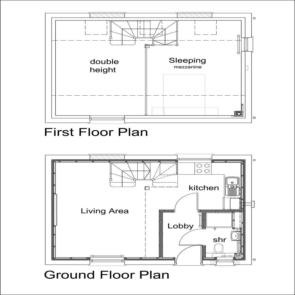 Floor plans—conversion of small chapel into quirky starter home homify