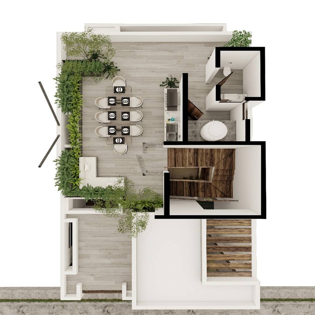 Vista áerea roof garden, casa moderna de lujo tamaño mediana de rebora
