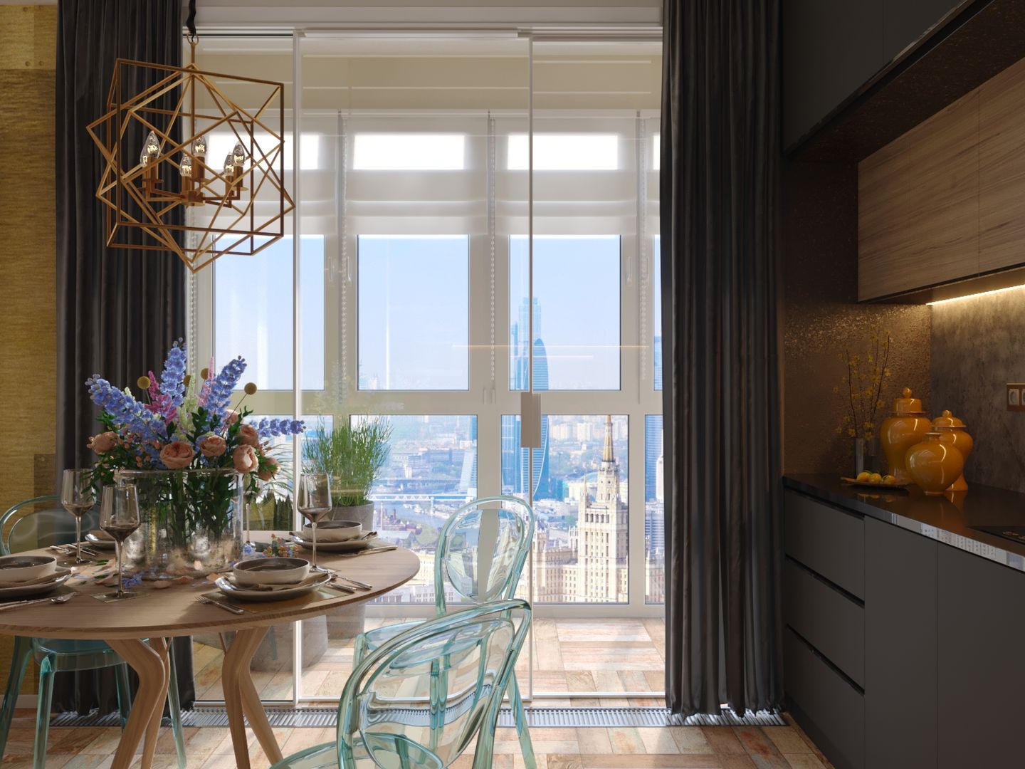 Кухня с панорамными окнами в квартире фото дизайн