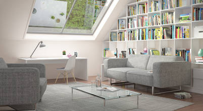 Weißes Regal unter der Dachschrägen: moderne Wohnzimmer von deinSchrank.de GmbH