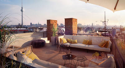 Dachterrasse Berlin Mitte loomilux Klassischer Balkon, Veranda & Terrasse Himmel,Eigentum,Anlage,Gebäude,Gartenmöbel,Schatten,Regenschirm,Couch,Tisch,Haus