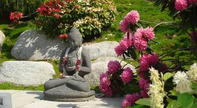 Buddha-Skulptur zwischen blühenden Rhododendren dirlenbach - garten mit stil Asiatischer Garten