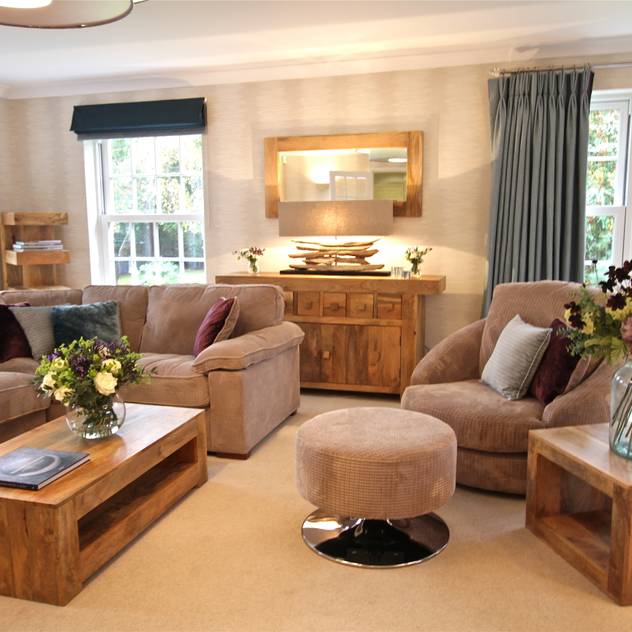 Warm, Chunky Wooden Furniture, Calm Soft Furnishings in Neutral and Blues Design by Deborah Ltd Modern living room