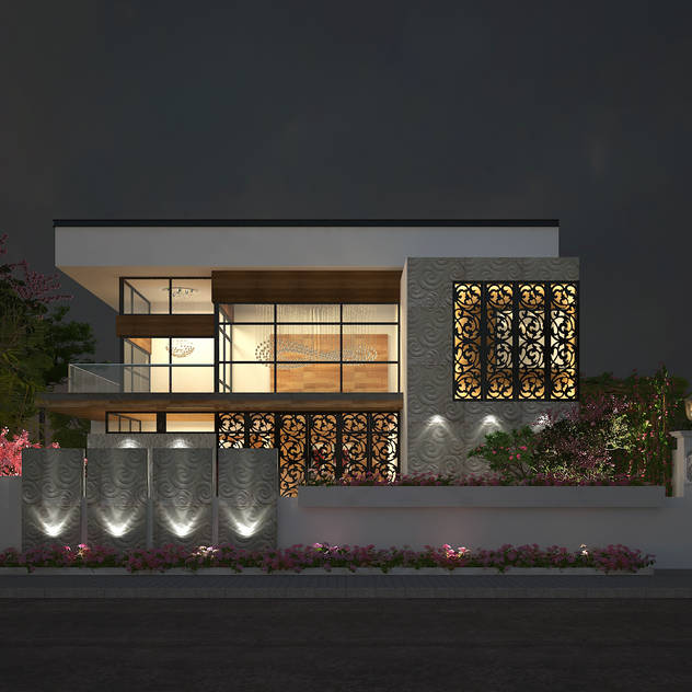 EXTERIOR NIGHT VIEW: classic Houses by De Panache  - Interior Architects