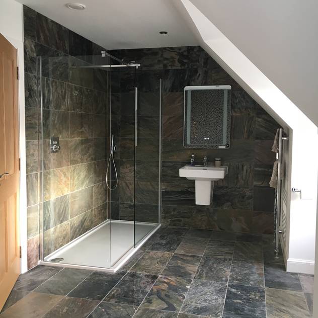 Plot 2 Durward Gardens, Kincardine O'neil, Aberdeenshire, Roundhouse Architecture Ltd Roundhouse Architecture Ltd Modern bathroom walk-in shower,colorful tiles,tile,bathroom floor,bathroom furniture,bathroom sink