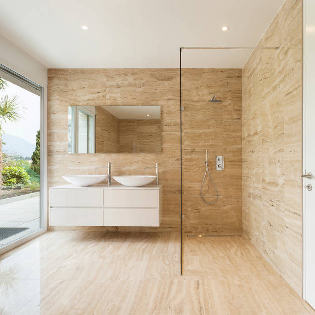 Minimal Walk-in Shower Gracious Luxury Interiors Minimal style Bathroom Beige