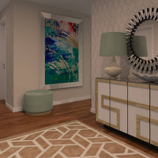 Projeto 3D - Apartamento Montijo: Corredores e halls de entrada  por Ana Andrade - Design de Interiores