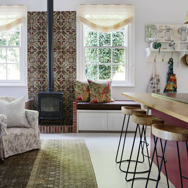 Kitchen Natalie Bulwer Interiors Kitchen fire,fireplace,colorful tiles,barstool,kitchen,kitchen island