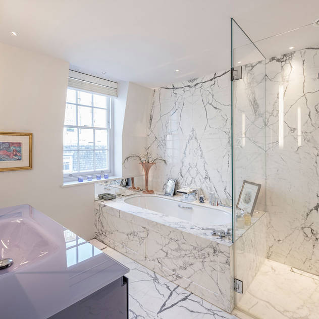 Master en-suite bathroom RBD Architecture & Interiors Classic style bathroom Marble White bathroom,bathroom furniture,master en suite,carrara marble,liliac washbasin,walk-in shower,luxury bathroom