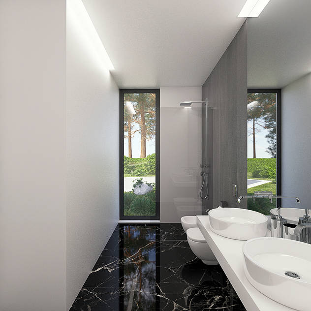 MORADIA PF1: Casas de banho modernas por Traçado Regulador. Lda